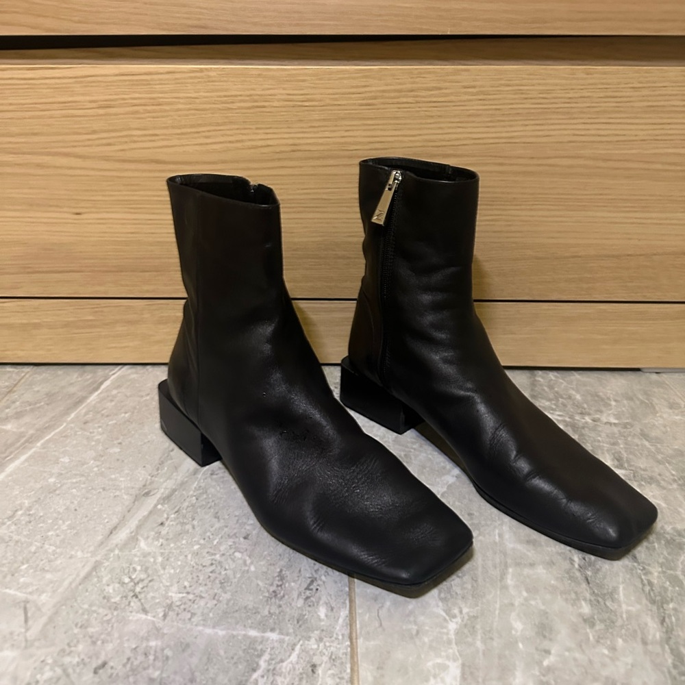 Zara Black Ankle Boots - Genuine Leather Square Toe Flat